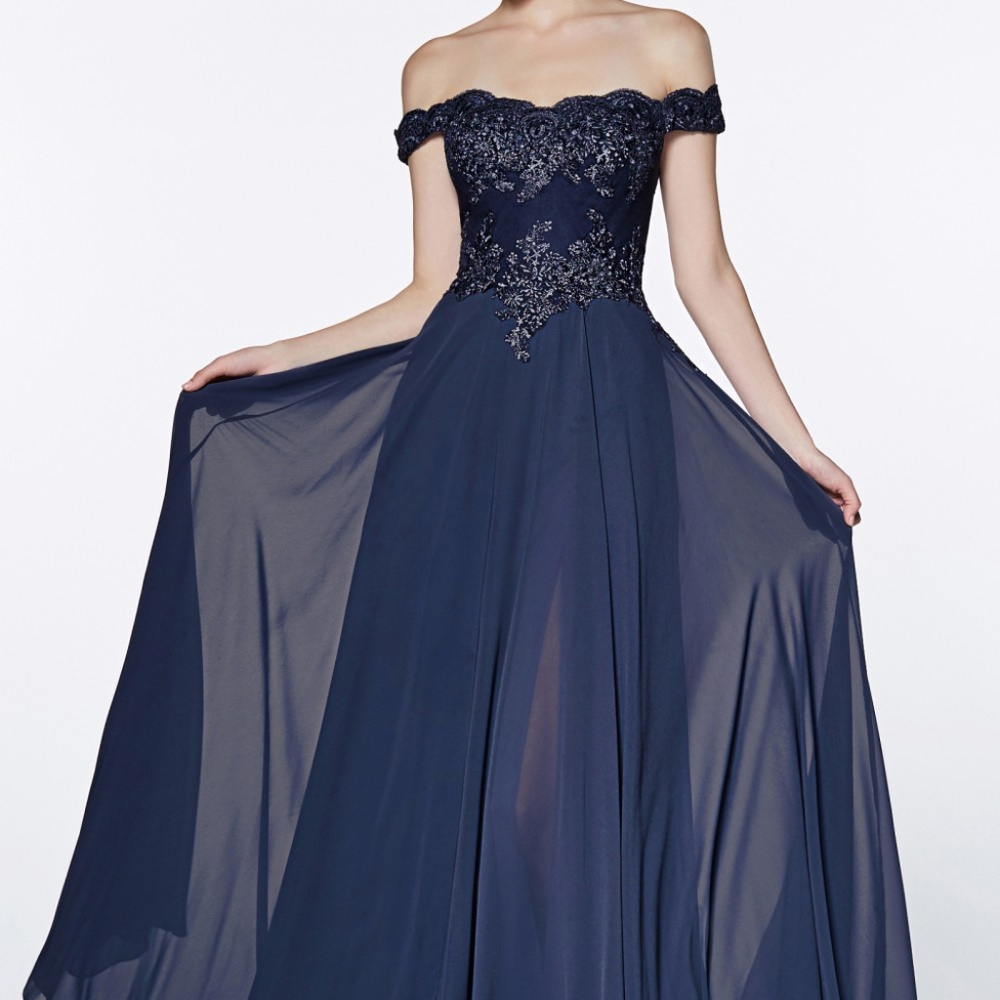 Off The Shoulder Lace Bodice Gown Flowy Chiffon Bottom And Leg Slit Dress Cd7258